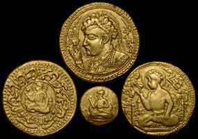 Jahangir portrait gold coin, a set of self portrait mohur, Bacchanalian.